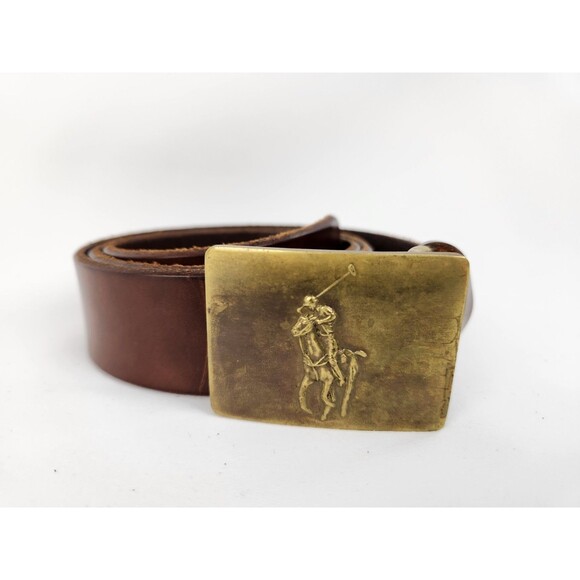 Polo Ralph Lauren SZ 34 Medium BELT Big Pony Buckle Brass Brown Italian Leather